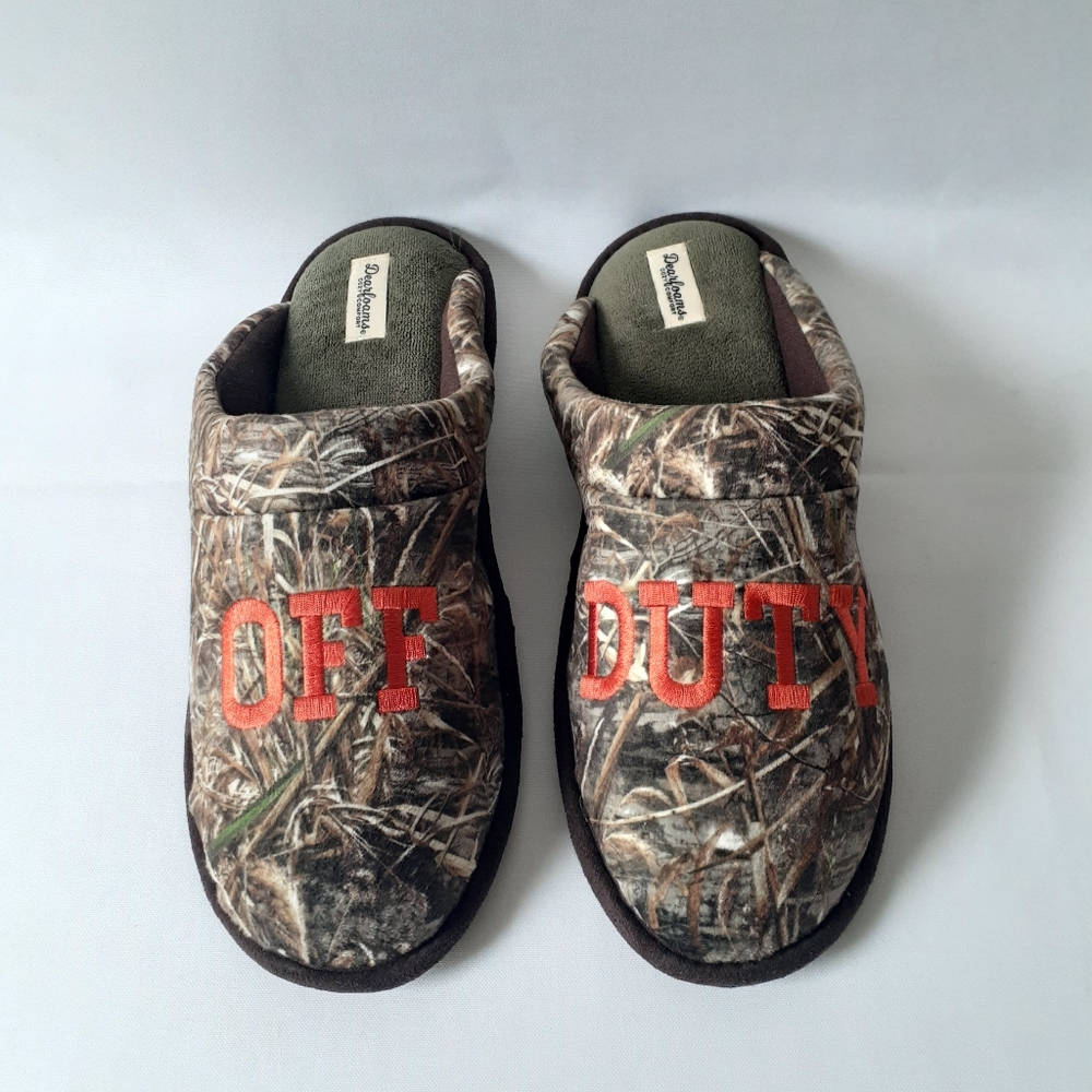 Dearfoams "Off Duty" men's tree line camouflage memory foam slippers size 13-14